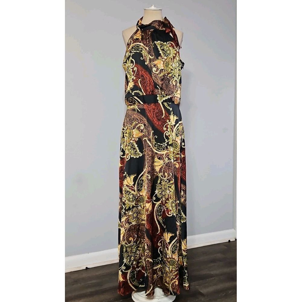 Tahari Women Halter‎ Side Tie Neck Paisley Maxi Dress Size 14 Sleeveless - Picture 3 of 11